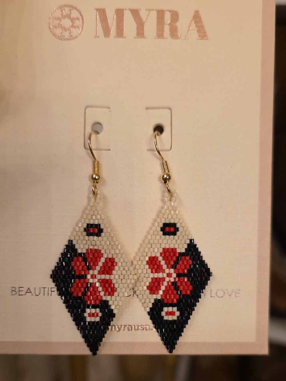 Myra Bag Cream, Black and Red Beaded Floral Diamond Earrings